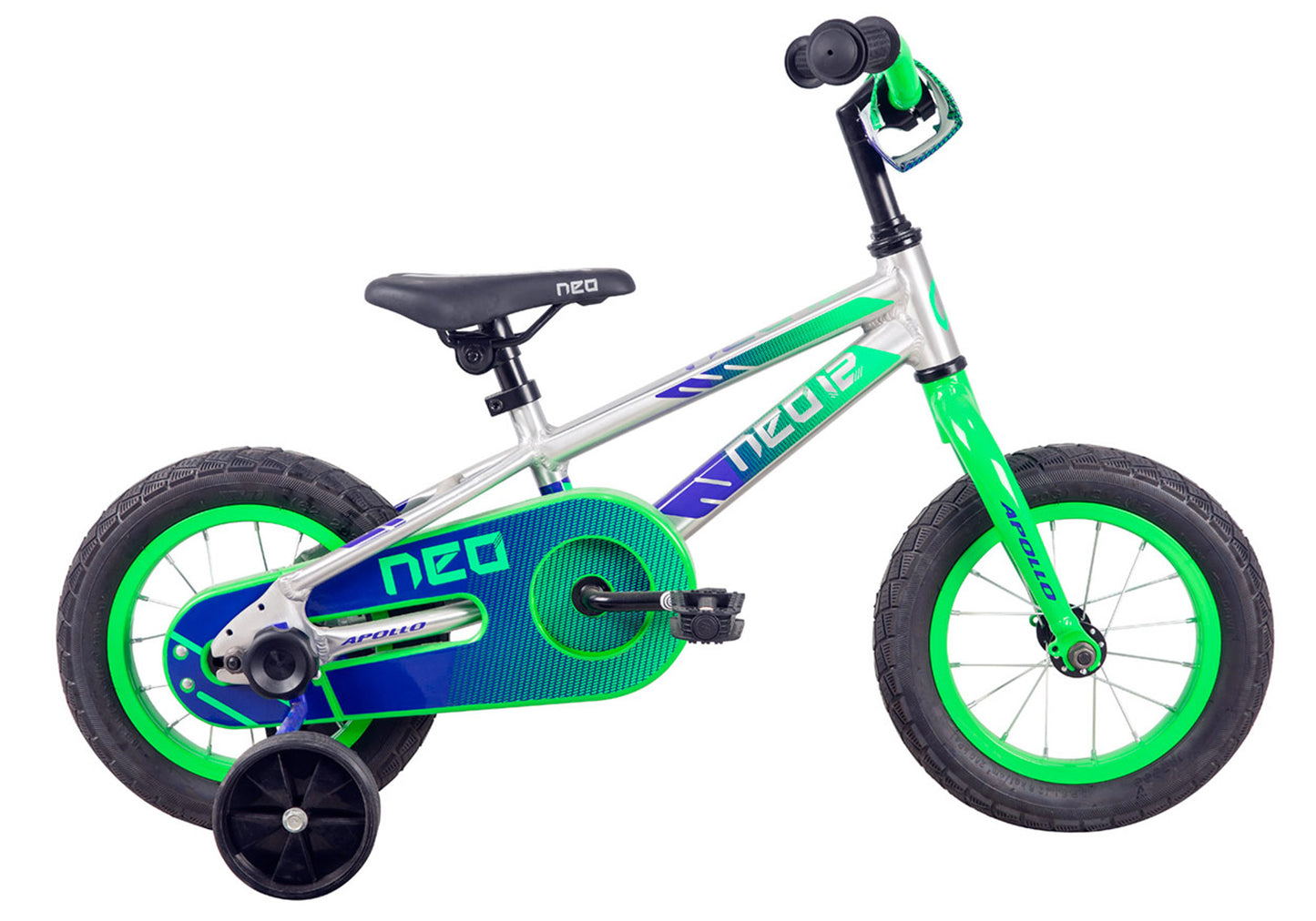 Neo+ 12 Boys Single Speed Bike, Brushed Alloy / Neon Green, Navy Blue Fade - Rider Height: 80-110cm 22528