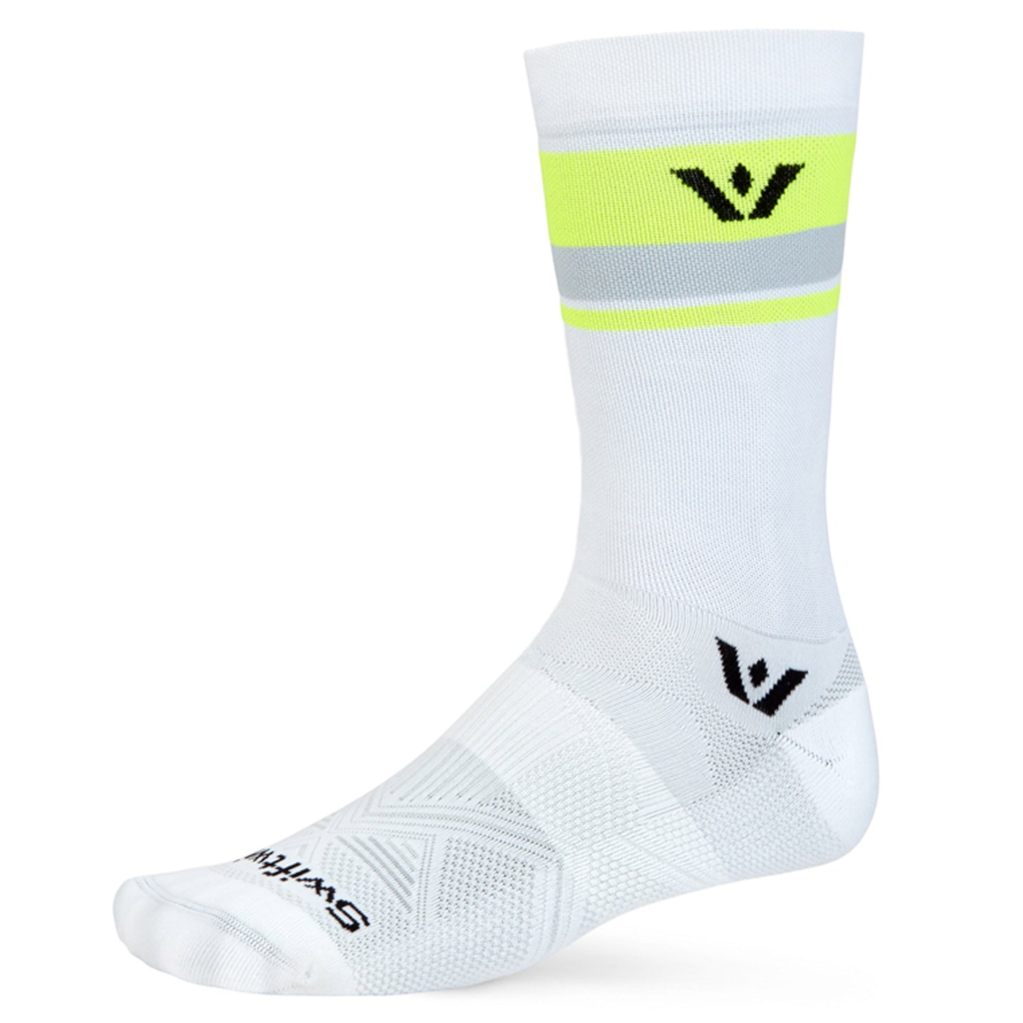 Swiftwick Aspire 7" Cycling Socks, White / HiViz Stripe