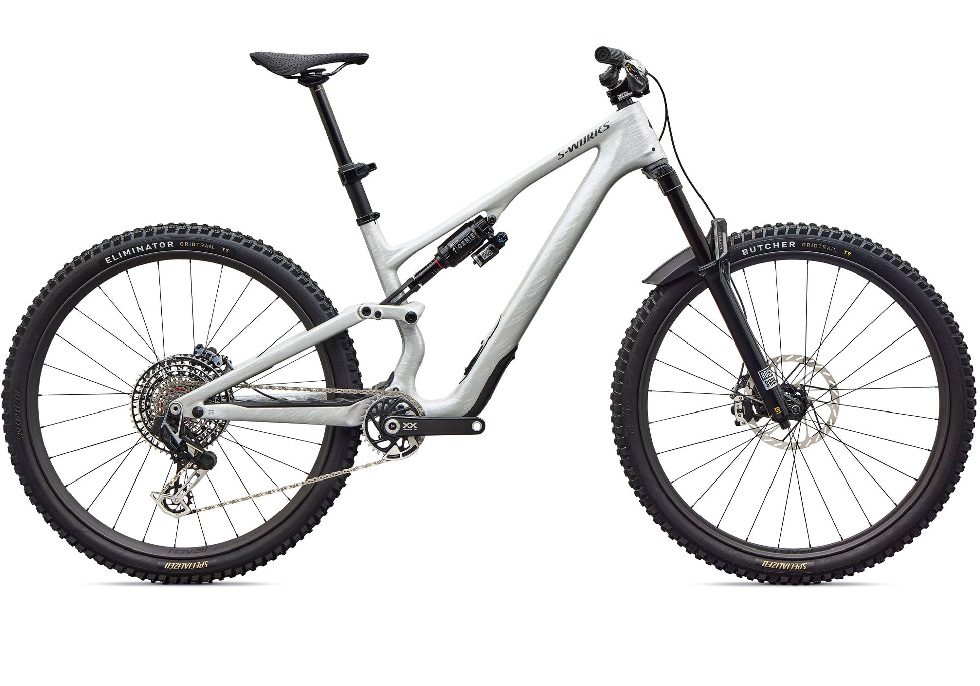 2027 Specialized S-Works Stumpjumper 15 EVO Unisex Mountain Bike, Gloss Metallic White Silver / Smoke Liquid Metal image 2