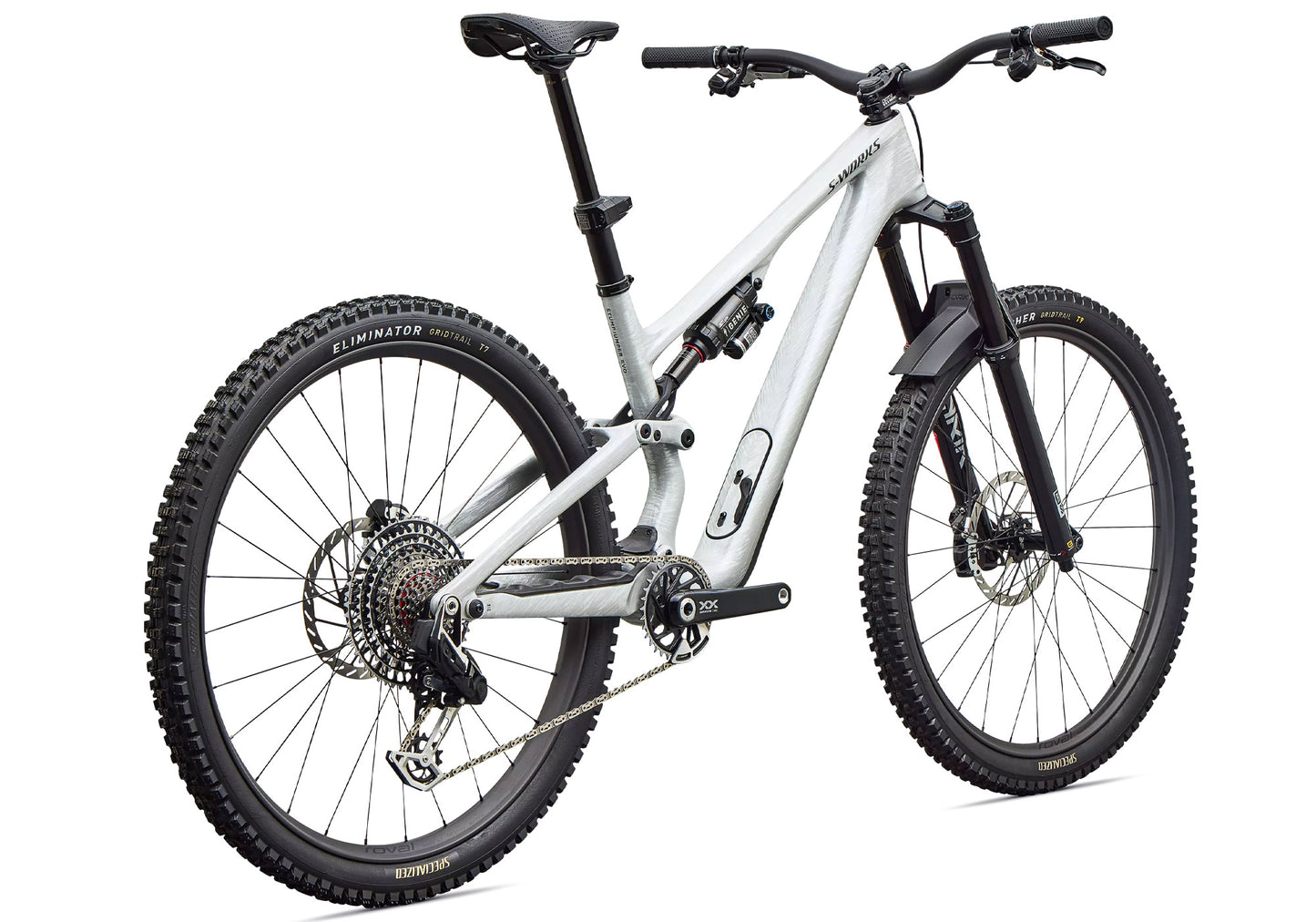 2027 Specialized S-Works Stumpjumper 15 EVO Unisex Mountain Bike, Gloss Metallic White Silver / Smoke Liquid Metal image 3