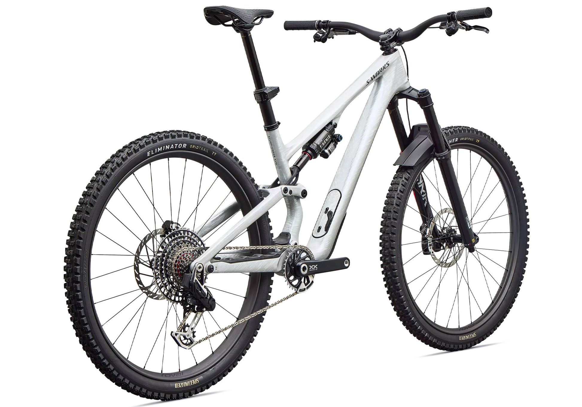 2027 Specialized S-Works Stumpjumper 15 EVO Unisex Mountain Bike, Gloss Metallic White Silver / Smoke Liquid Metal image 3