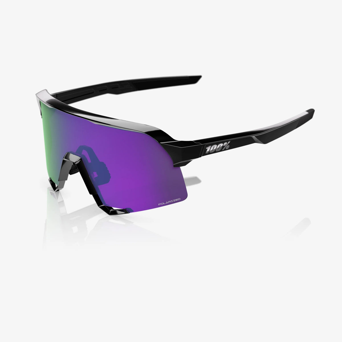 100% S3 Unisex Cycling Sunglasses - Polished Black with HiPER Polarized Lavender Mirror Lens image 1