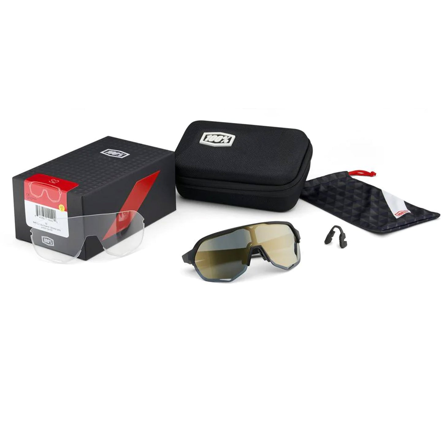 100% S2 Cycling Sunglasses - Matt Black with Soft Gold Mirror + Clear Lens