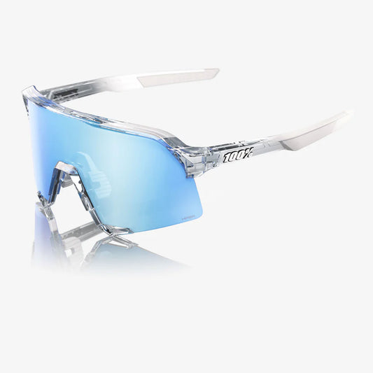 100% S3 Unisex Cycling Sunglasses - Polished Translucent Clear - Hiper Blue Multilayer Mirror Lens side view