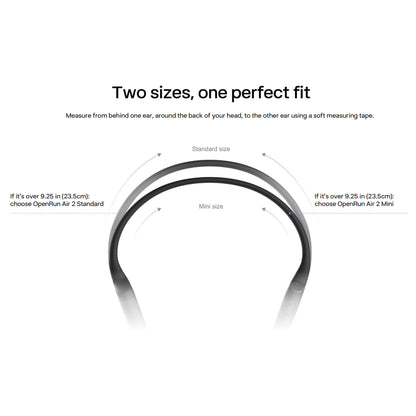 Instruction graphic showing a headphone band with text reading 'Two sizes, one perfect fit' and arrows indicating measurement around the head for standard size and mini size.