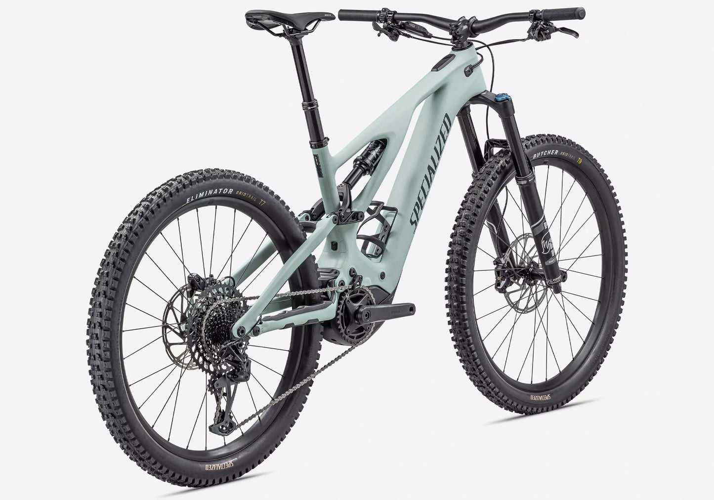 2024 Specialized Turbo Levo Comp Carbon, Unisex Electric Mountain Bike, Satin White Sage/Deep Lake rear view