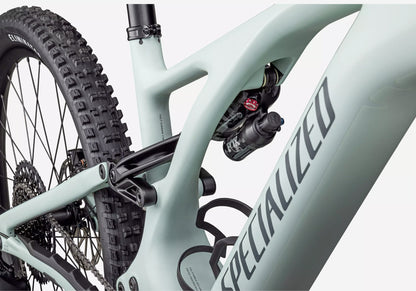 2024 Specialized Turbo Levo Comp Carbon, Unisex Electric Mountain Bike, Satin White Sage/Deep Lake rear suspension view