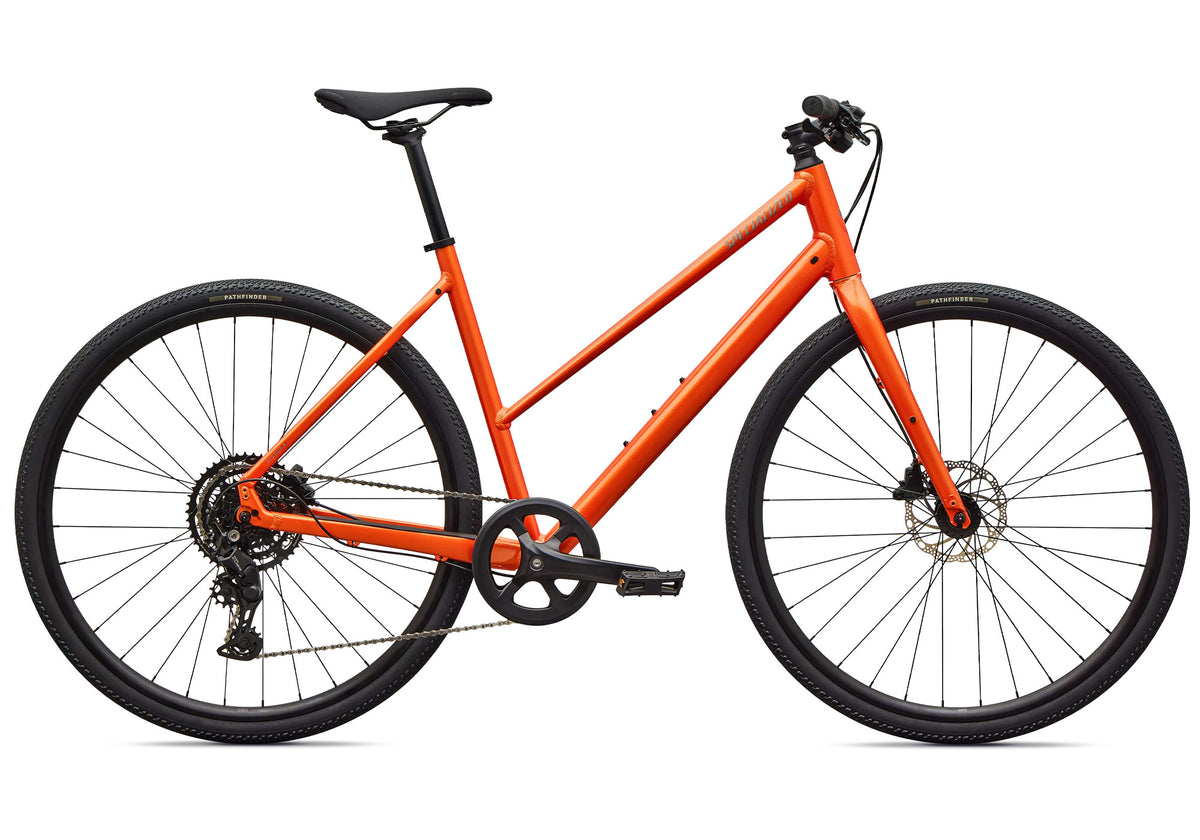 2027 Specialized Sirrus X 2.0 Step-Thru Urban Fitness Bike - Gloss Tangerine / Shadow Silver Frost Reflective image 3
