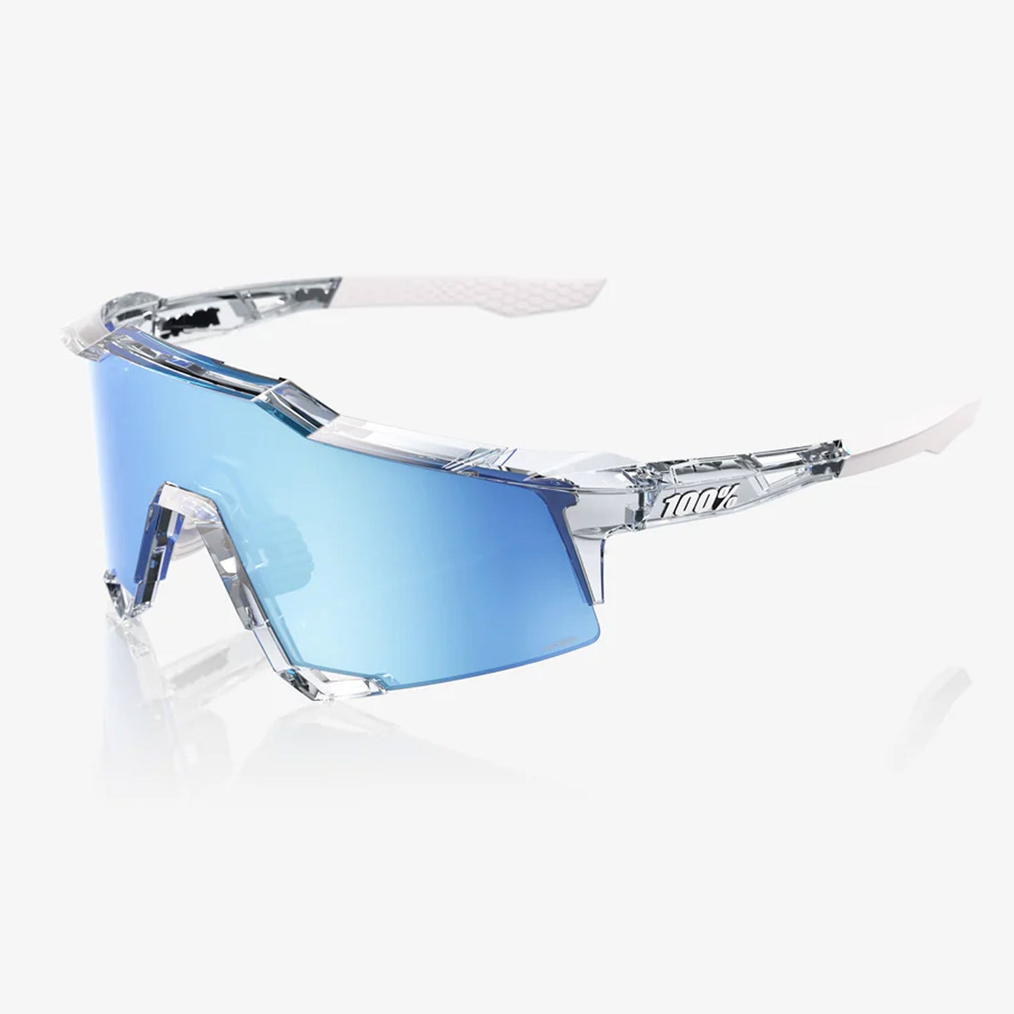 100% Speedcraft Unisex Cycling Sunglasses, Polished Translucent Clear, Hiper Blue Multilayer Mirror Lens side view