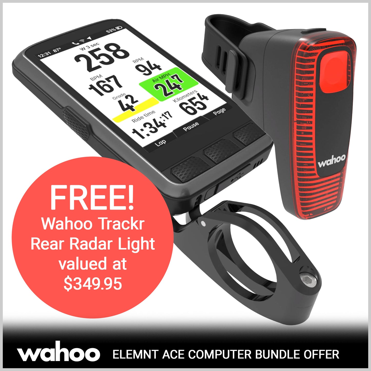Wahoo Elemnt Ace Bicycle Computer Bundle with FREE Trackr Radar Rear Light worth $349.95