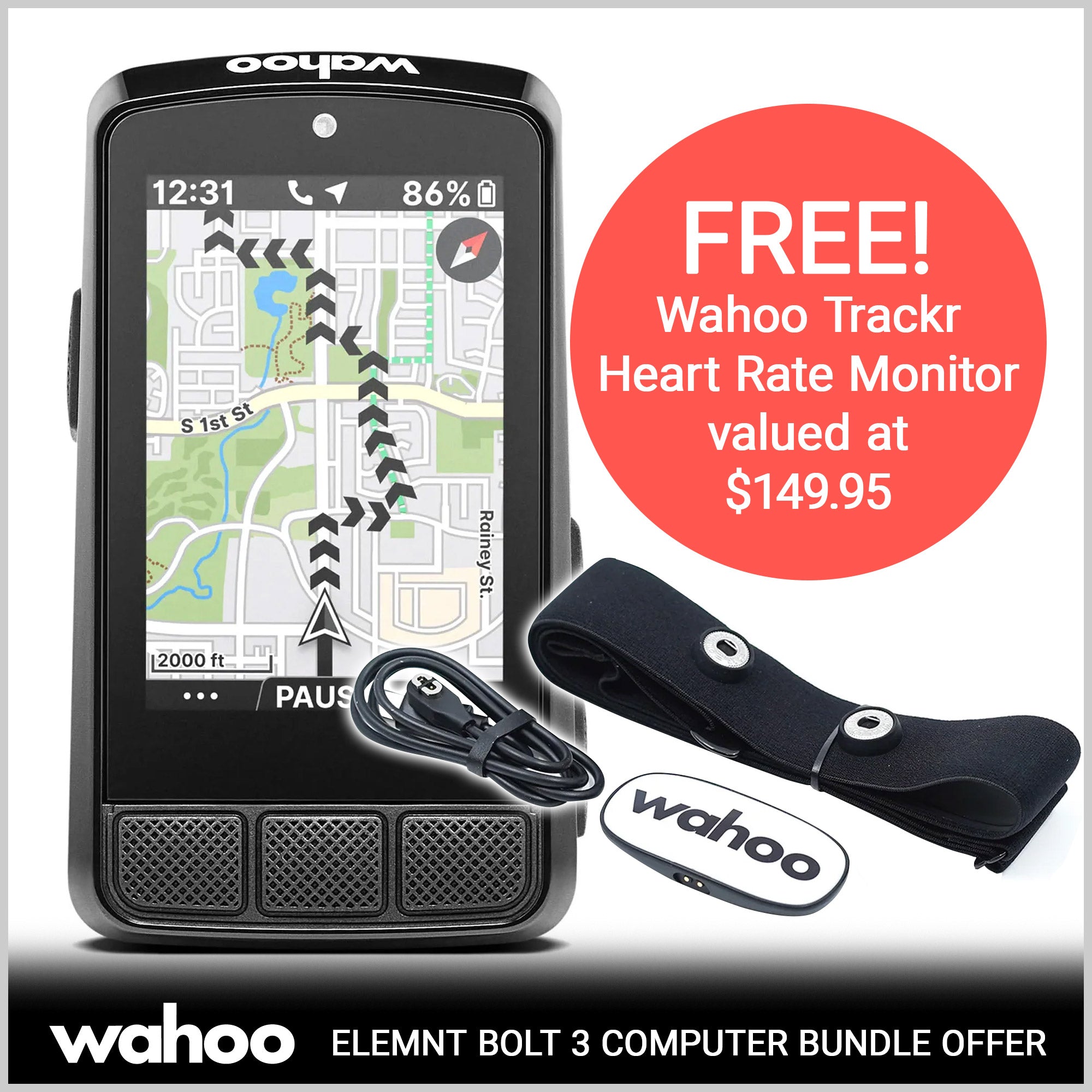 Wahoo Elemnt Bolt 3 Bicycle Computer Bundle with Free Trackr Heart Rate Monitor worth $149.95
