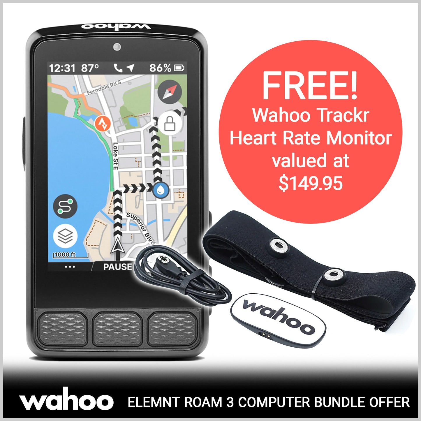 Wahoo Roam 3 Bundle with Free Trackr Heart Rate Monitor worth $149.95