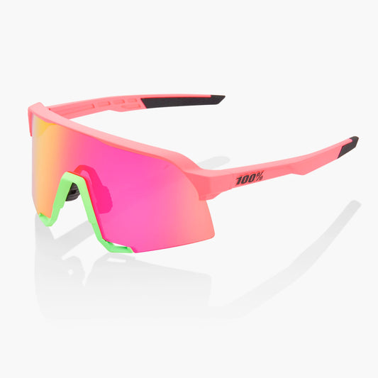 100% S3 Cycling Sunglasses - Matt Washed Out Neon Pink With Purple Multilayer Mirror Lens + Clear lens buy niow at Woolys Wheels bike shop Sydney