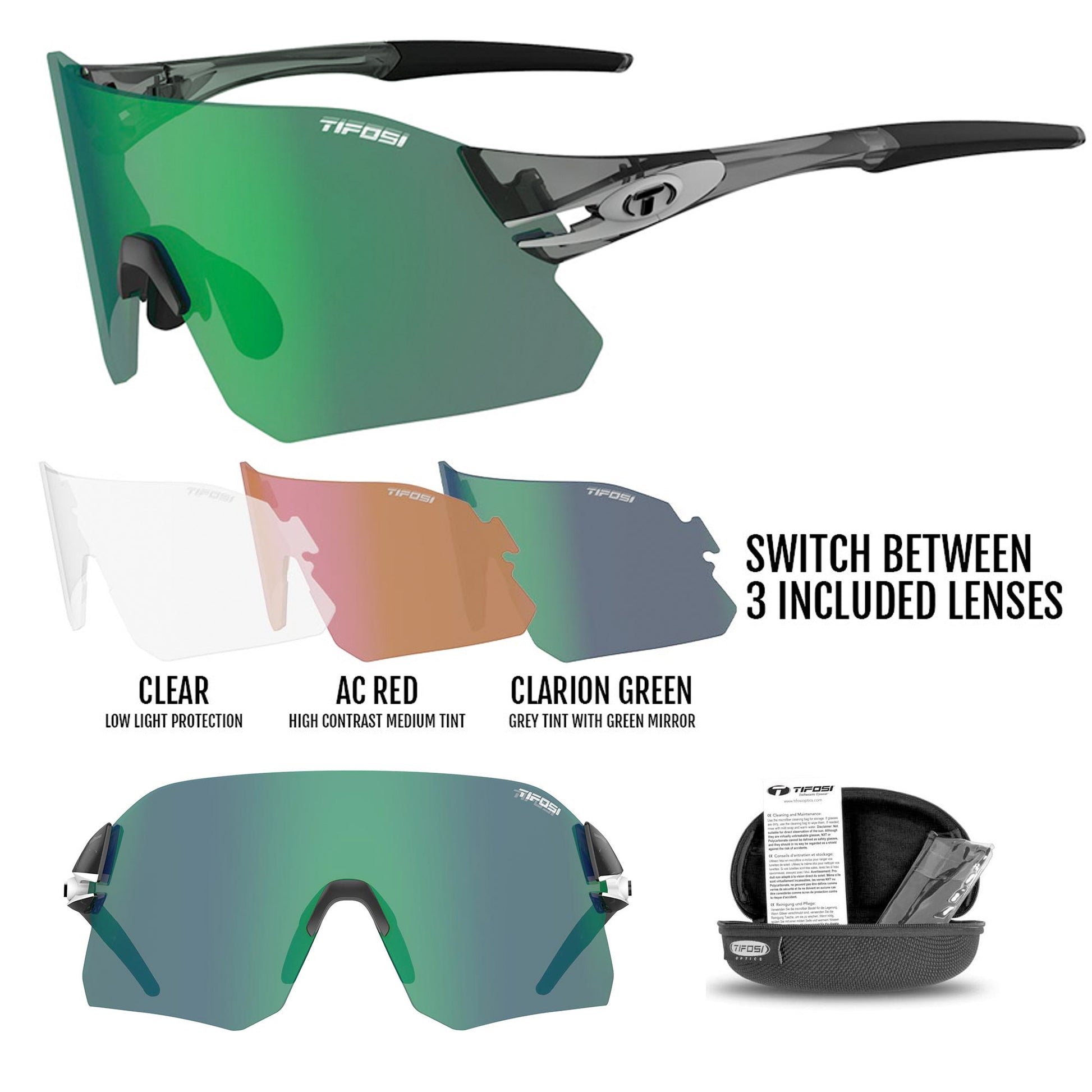 Tifosi Rail Sunglasses Crystal Smoke LTD with Three Interchangeable Lenses