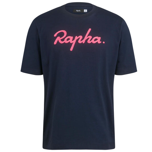 Rapha Mens Logo T-Shirt, Dark Navy/High Vis Pink